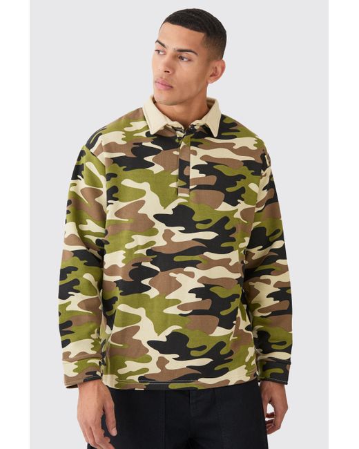 BoohooMAN Green Oversized Camo Rugby Polo for men