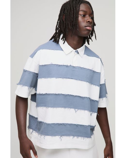 Boohoo Blue Oversized Boxy Distressed Short Sleeve Rugby Polo