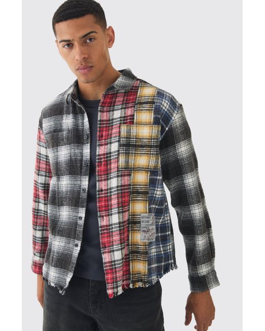 BoohooMAN Blue Oversized Patchwork Bleach Wash Flannel Shirt for men