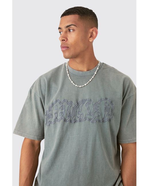 BoohooMAN Gray Oversized Acid Wash Official Embroidered Distressed T-shirt for men