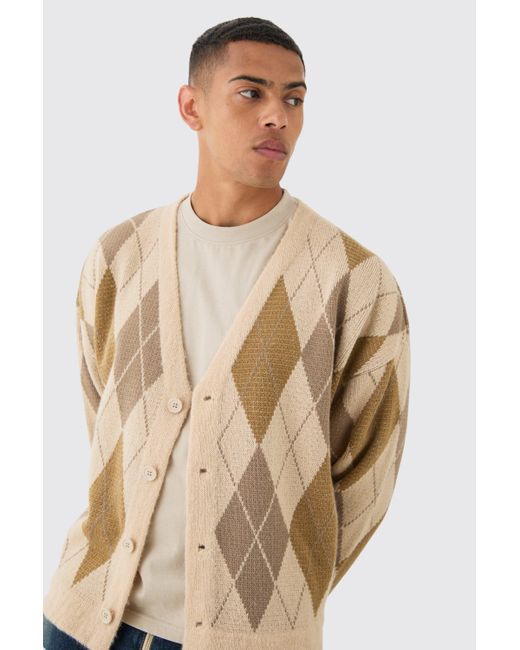 BoohooMAN Boxy Oversized Brushed Check All Over Jacquard Cardigan in Natural für Herren