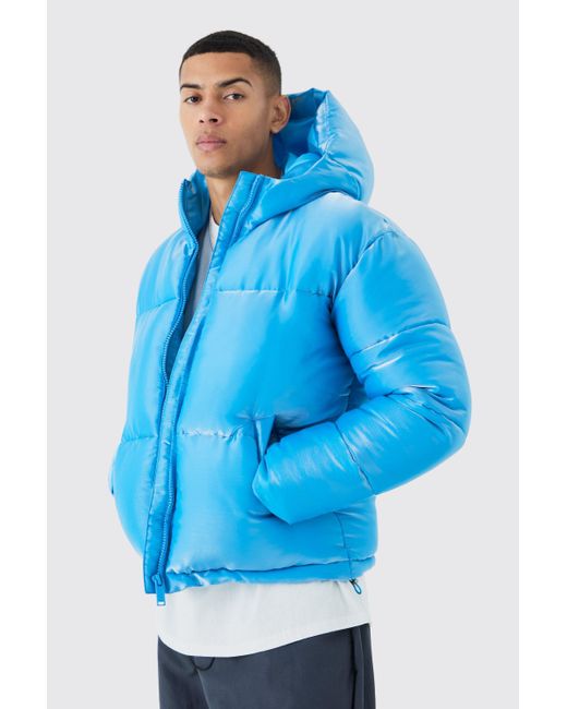 BoohooMAN Blue Liquid Metallic Nylon Puffer Jacket for men