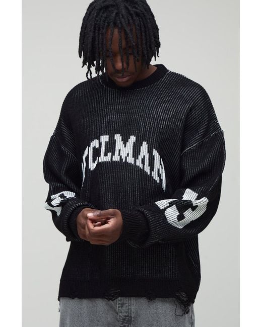 BoohooMAN Black Tall Ribbed Knit Oversized Distressed Varsity Sweater for men