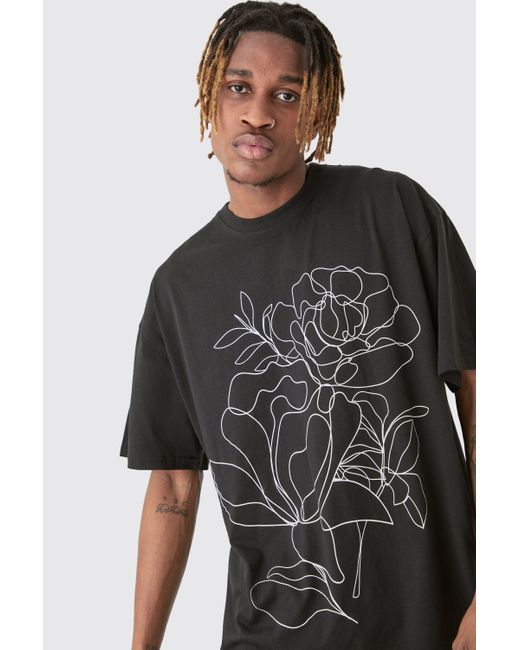BoohooMAN Tall Mono Floral Stencil Printed T-shirt In Black for men