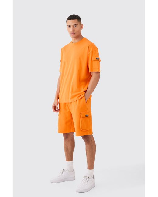 BoohooMAN Orange Man Oversized Cargo T-shirt And Relaxed Short Set for men