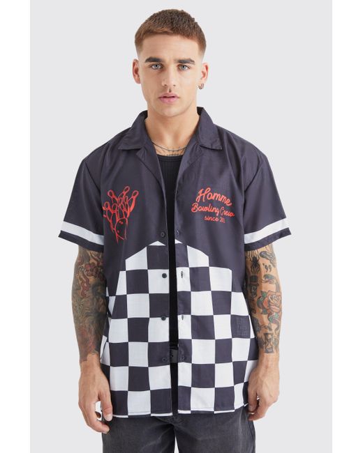 BoohooMAN Blue Short Sleeve Poplin Oversized Checkerboard Bowling Shirt for men