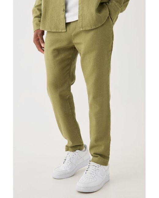BoohooMAN Green Textured Elasticated Waist Straight Fit Pants for men