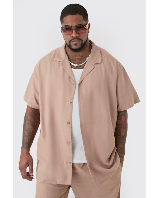 BoohooMAN Natural Plus Linen Drop Revere Shirt In Taupe for men