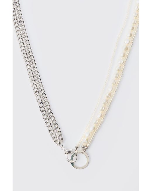 BoohooMAN Half Pearl Half Chain Necklace in White für Herren