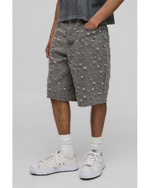 BoohooMAN Gray Relaxed Long Length Washed Ripped Jean Shorts for men