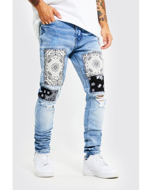 Boohooman Skinny Stacked Bandana Patch Jeans In Blue For Men Lyst