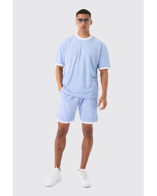 BoohooMAN Blue Oversized Extended Neck Contrast Towelling T-shirt & Shorts for men