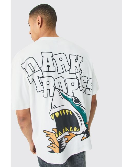 BoohooMAN White Oversized Interlock Dark Tropics Shark T-shirt for men