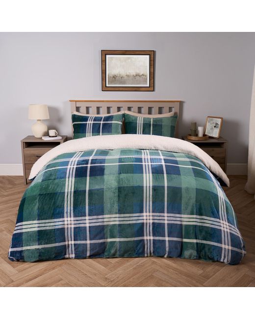 BoohooMAN Blue Ohs Tartan Fleece Duvet Cover Bedding Set Pillowcase Winter Check Sherpa Soft Set for men