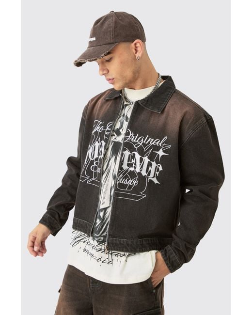BoohooMAN Black Embroidered Boxy Fit Jean Jacket In Brown for men