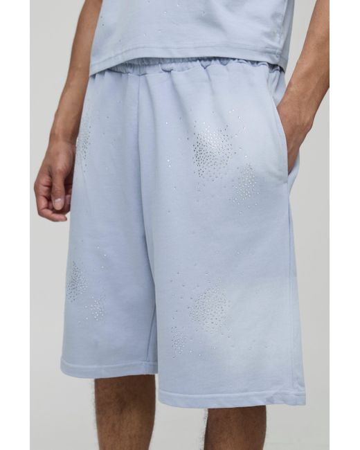 Pantalón Corto Oversize De Tela Jersey Con Lavado A La Piedra E Incrustaciones Boohoo de color Blue