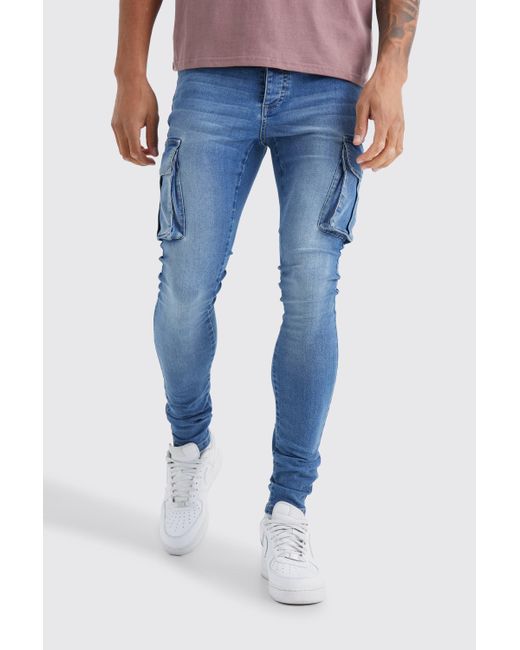 BoohooMAN Blue Tall Super Skinny Cargo Jeans for men
