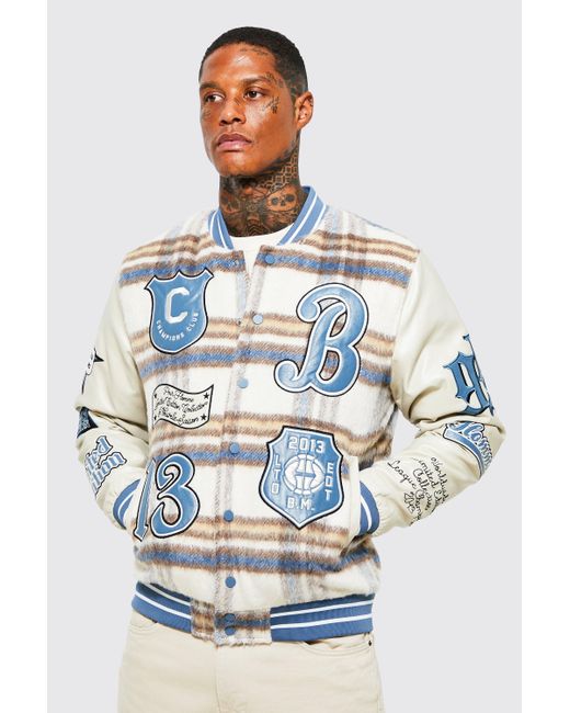 BoohooMAN Flannel Check Members Club Varsity Jacket in Blue (Gray) for