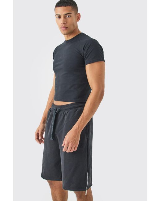 BoohooMAN Blue Oversized Heavyweight Zip Hem Shorts & T-shirt Set for men