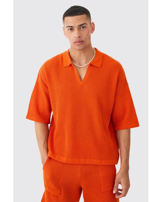 BoohooMAN Orange Boxy Short Sleeve Ribbed Knit Polo for men