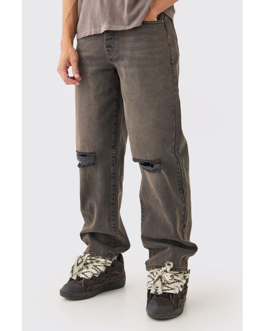Baggy Rigid Brown Wash Ripped Knee Jeans Boohoo de color Gray