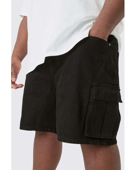 BoohooMAN Plus Rigid Denim Relaxed Fit Cargo Shorts In Black für Herren