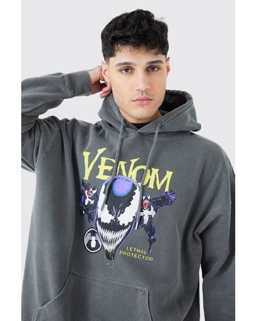 BoohooMAN Gray Oversized Venom Marvel Wash License Hoodie for men