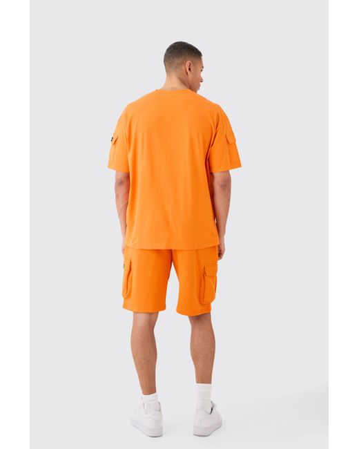 BoohooMAN Orange Man Oversized Cargo T-shirt And Relaxed Short Set for men