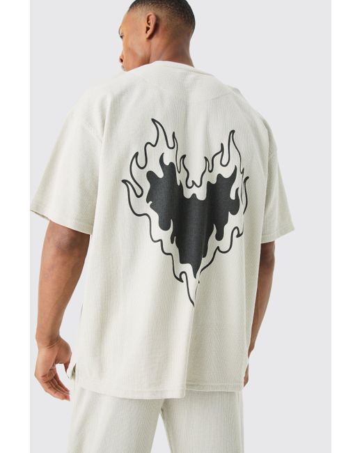 BoohooMAN White Waffle Heart Print Lounge T-shirt & Jogger Set for men