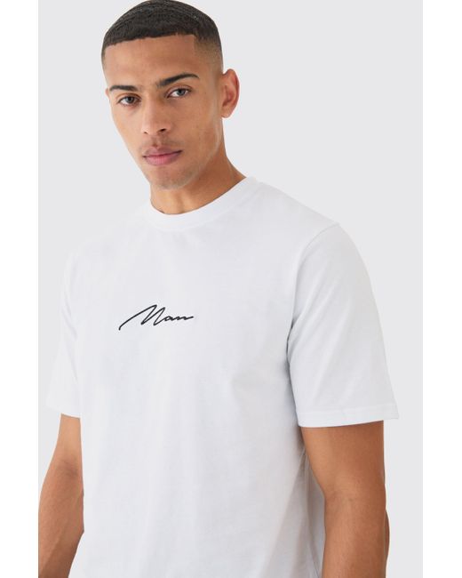 BoohooMAN White Man Signature Embroidered T-shirt for men