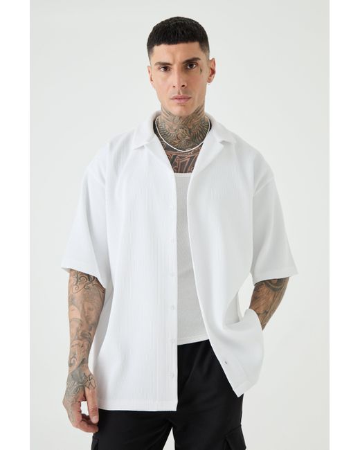 Boohoo Tall Short Sleeve Oversized Revere Pleated Shirt in White