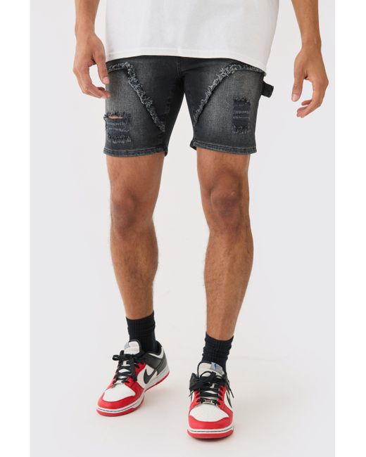 BoohooMAN Blue Skinny Stretch Ripped Carpenter Denim Shorts In Washed Black for men