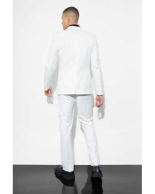 BoohooMAN Zweireihige Skinny Leinen-Anzugjacke in White für Herren