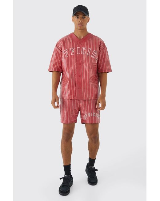 Boohoo Short Sleeve Oversized Pu Baseball Shirt & Short Set in Red