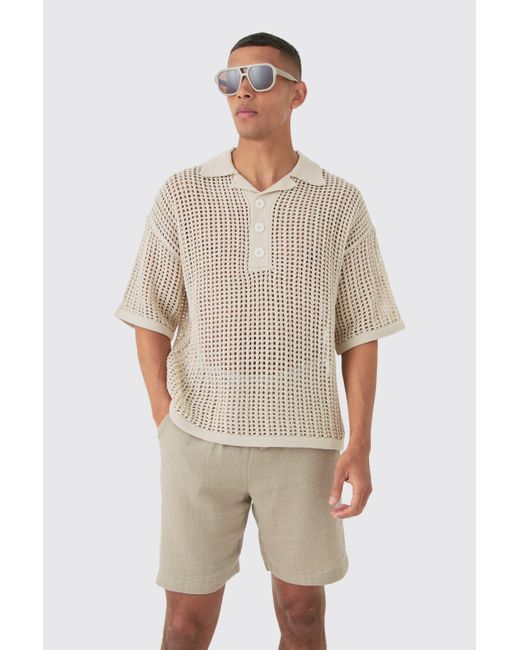 BoohooMAN Natural Oversized Open Stitch Deep Revere Knit Polo for men
