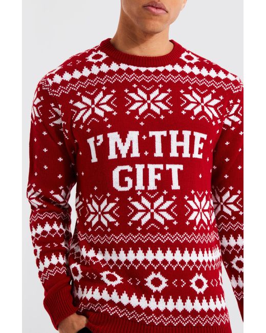 Boohoo Red Tall I'm The Gift Christmas Sweater for men