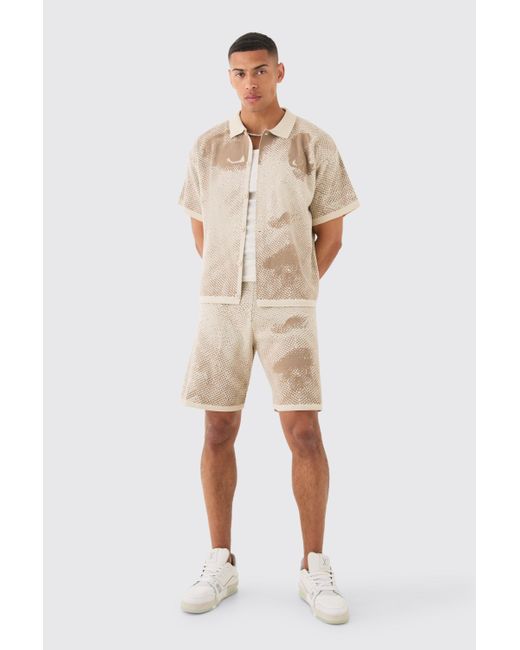 Boohoo Natural Boxy Line Drawing Knitted T-shirt And Short Set