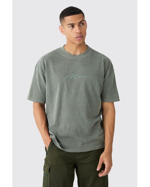 BoohooMAN Gray Oversized Distressed Washed Man Embroidered T-shirt for men