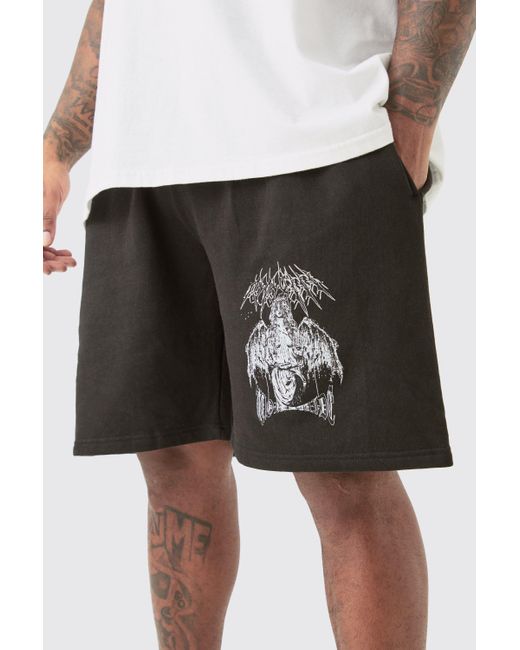 BoohooMAN Black Plus Oversized Fit Gothic Print Jersey Shorts for men