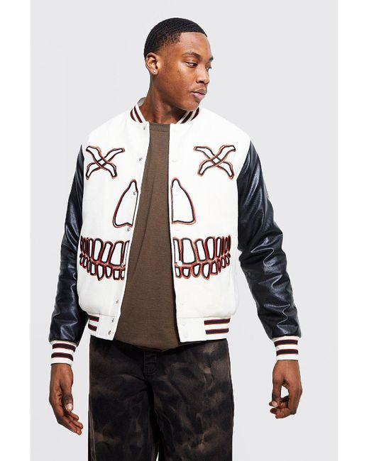 BoohooMAN Denim Scarecrow Face Varsity Jacket in Black for Men | Lyst UK