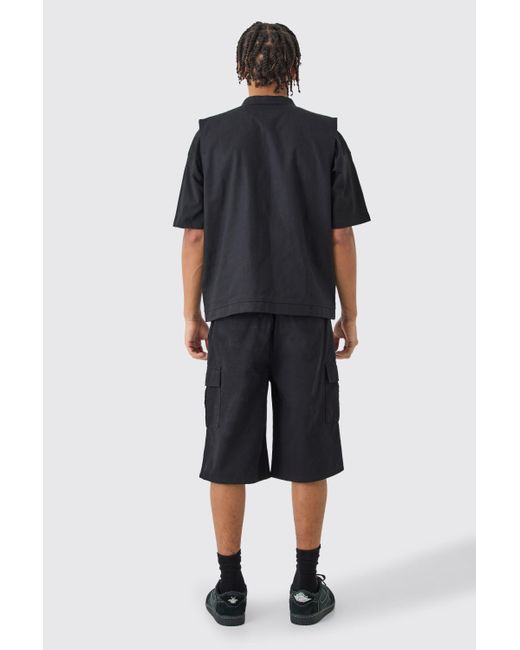 BoohooMAN Elastic Waist Black Relaxed Fit Longer Length Cargo Shorts for men