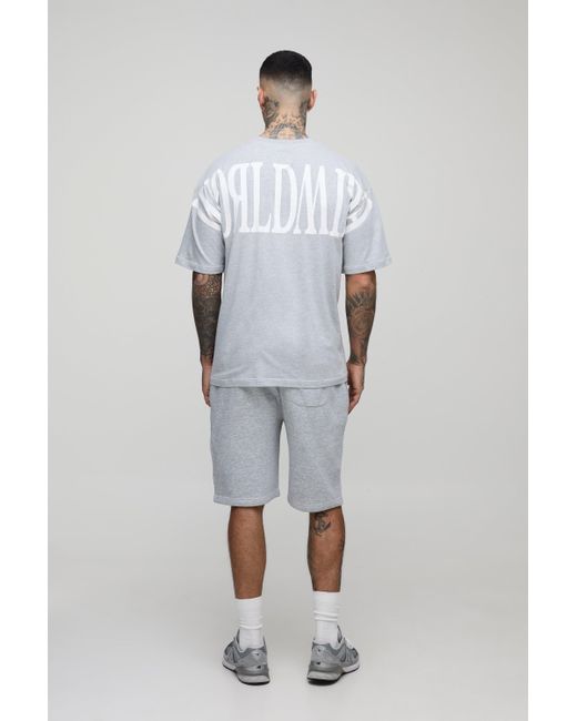 BoohooMAN Gray Tall Oversized Worldwide Over Seam Print T-Shirt & Short Set for men