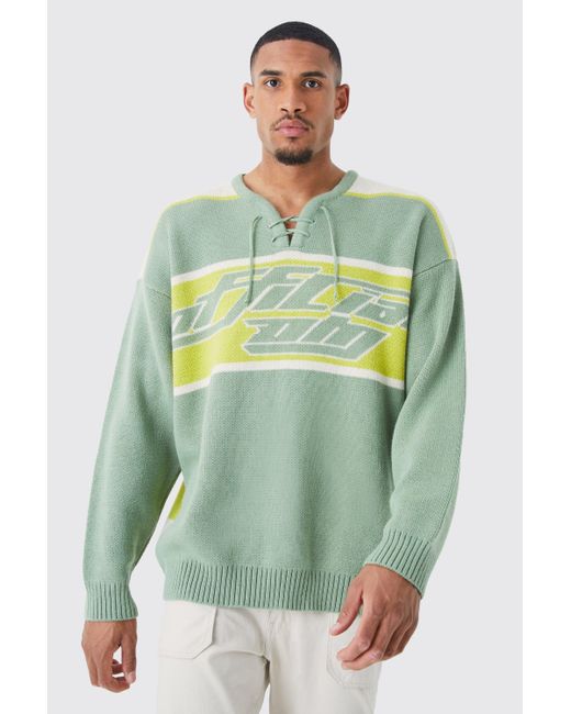 BoohooMAN Green Tall Oversized Knitted Hockey Top With Tie Detail for men