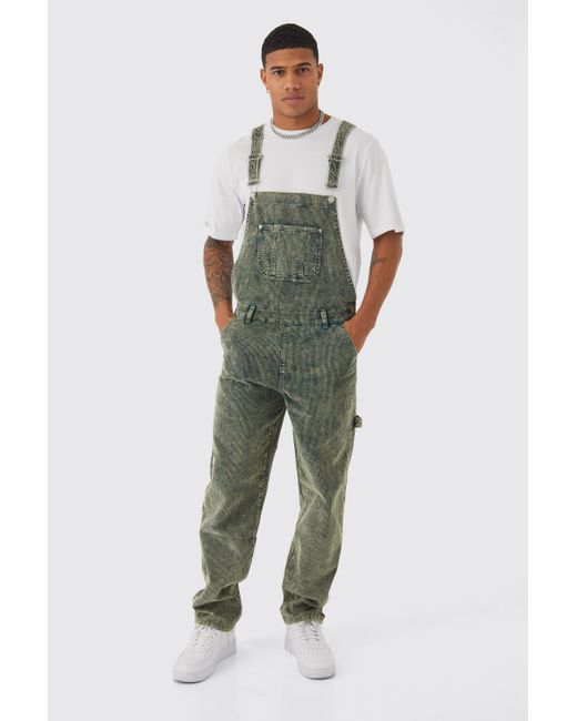 BoohooMAN Green Relaxed Acid Wash Cord Dungaree for men