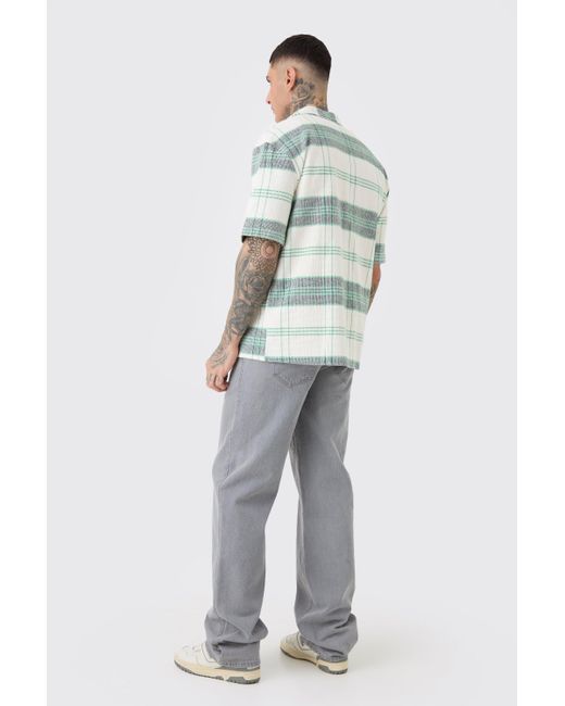 BoohooMAN Green Tall Short Sleeve Drop Revere Textured Check Shirt In Stone for men