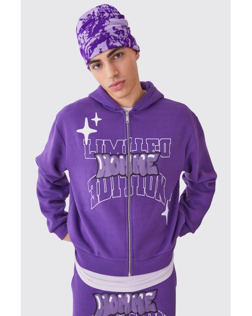 BoohooMAN Purple Oversized Boxy Zip Through Puff Print Hoodie for men