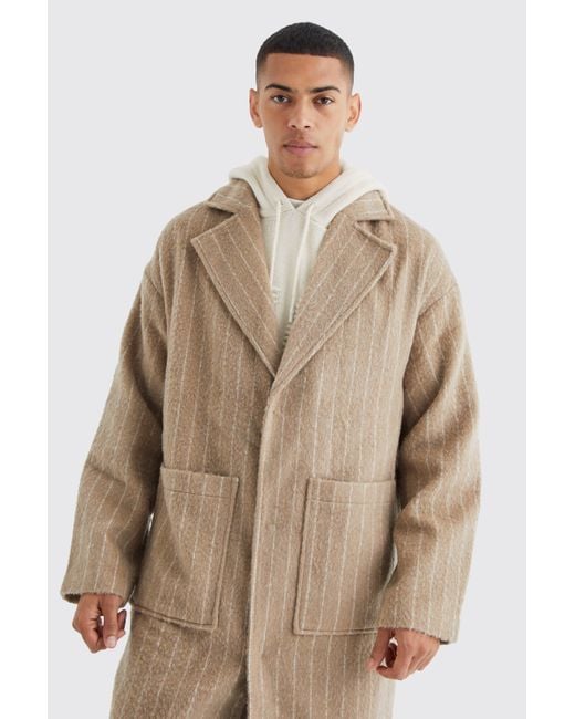 BoohooMAN Natural Single Breasted Brushed Stripe Overcoat for men
