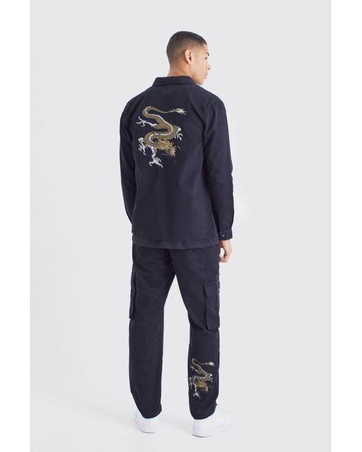 BoohooMAN Blue Twill Longsleeve Dragon Embroidered Overshirt for men