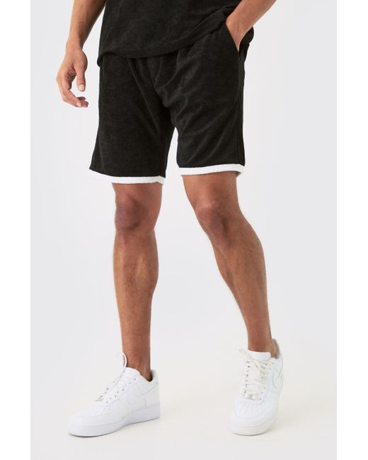 Relaxed Fit Mid Contrast Towelling Shorts Boohoo de color Black