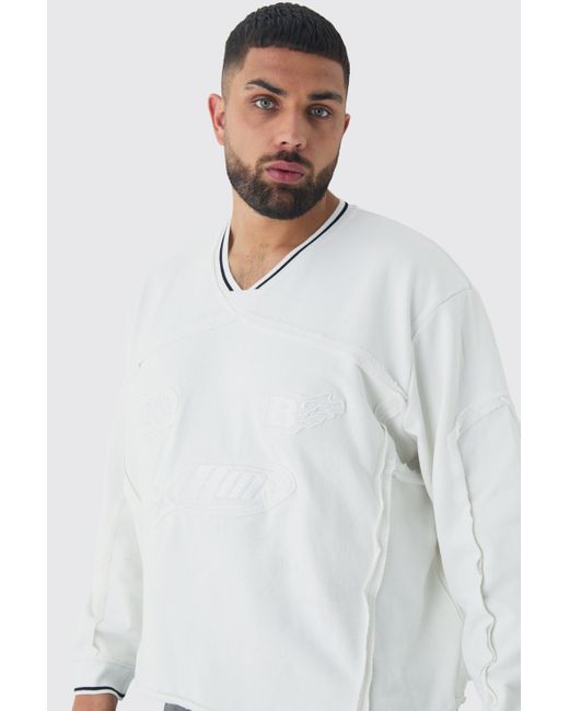 BoohooMAN White Plus Oversized Boxy Embroidered Sports Rib Sweatshirt for men